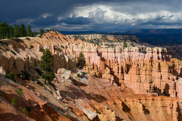 Stunning landscape in rock with pink, orange, and tan hoodoos below a stormy sky, summer vacation exploring in Bryce Canyon National Park, Utah+
