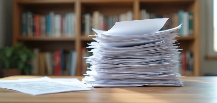 Stack papers with text on wood table in library. Bookshelves background, research documents, book, information, study, education, knowledge, library, learning concept.