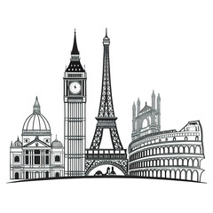 Fototapeta premium Black and White Line Art Skyline of European Cities - Travel Landmark Illustration