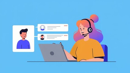 A customer service representative assisting a client through a video call on a laptop, with chat messages displayed