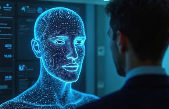 Man in suit observes futuristic blue holographic human face. AI digital representation, concept of data processing, machine learning, computer vision tech. High-tech innovation, connection, virtual