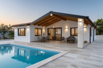 Modern mediterranean villa with pool and outdoor seating at sunset