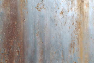 Full frame image of a weathered metal sheet with rust stains and textured surface, ideal for grunge and abstract backgrounds.