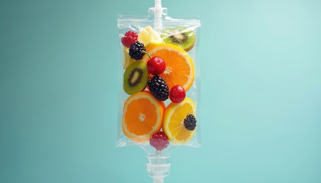 IV bag filled with fresh fruits oranges, kiwi, lemon, berries, cherries. Creative concept for healthy living, diet, hydration. Vitamins, minerals, energy boost. Bright, colorful, juicy, tasty, summer