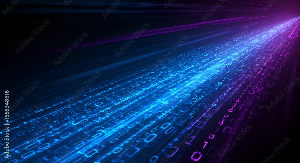 Poster futuristic binary code stream with blue and purple light trails effect