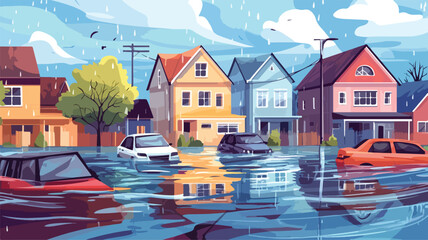 Naklejka premium Devastating Flood Disaster Strikes Submerged City - Aerial View of Inundation