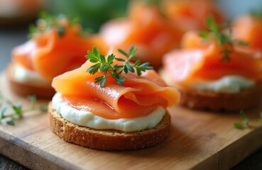 Appetizing salmon canapes served on a wooden board. Gourmet snack with cream cheese, dill garnish. Party food, finger food. Delicious meal serving at catering event.