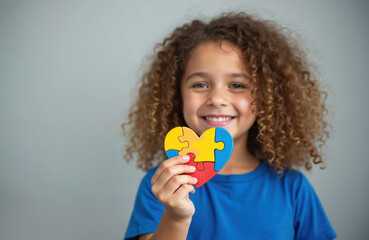 Smiling girl holds puzzle heart. Symbol of World Autism Awareness Day. Concept of childhood, unity, and acceptance. Image of love, kindness, and hope. Symbolizes inclusion community and support.