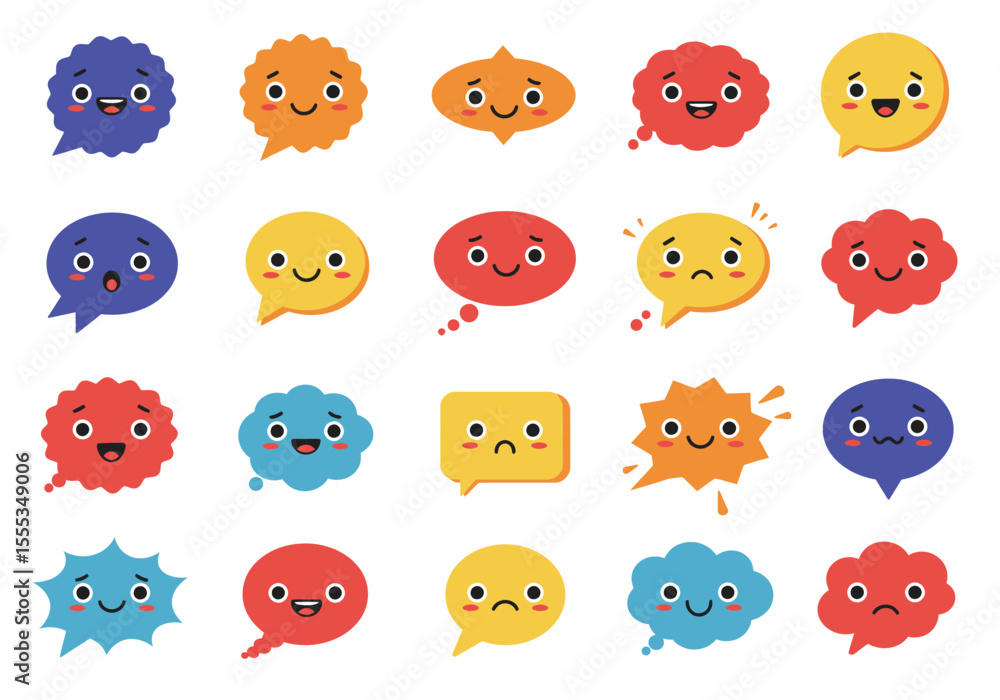 Poster a collection of twenty colorful speech bubbles with expressive faces in a grid arrangement