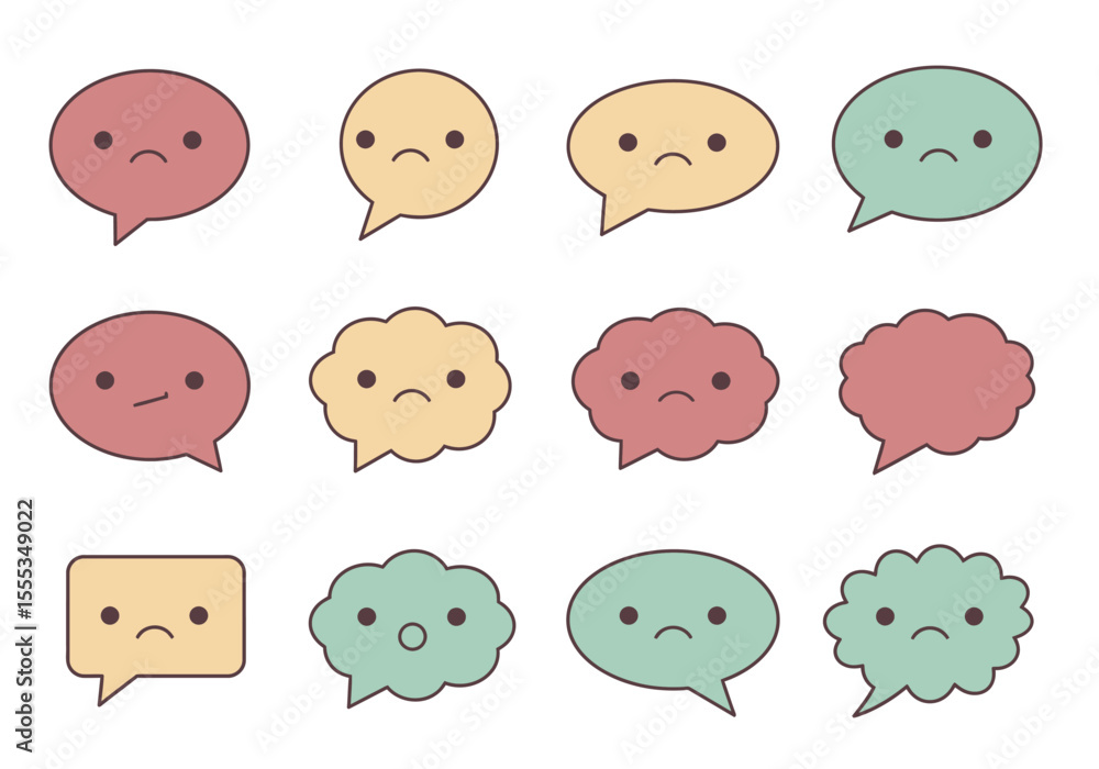 Poster a grid of twelve cartoon speech bubbles each with a different shape color and emotion