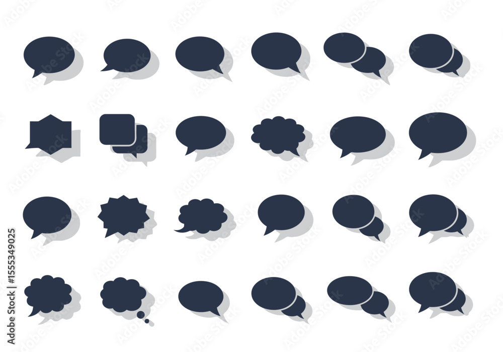 Poster a variety of dark blue speech bubble icons are arranged in a grid on a white background with soft sh