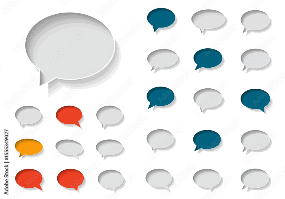 Poster a set of layered 3d speech bubbles in various colors arranged on a white background