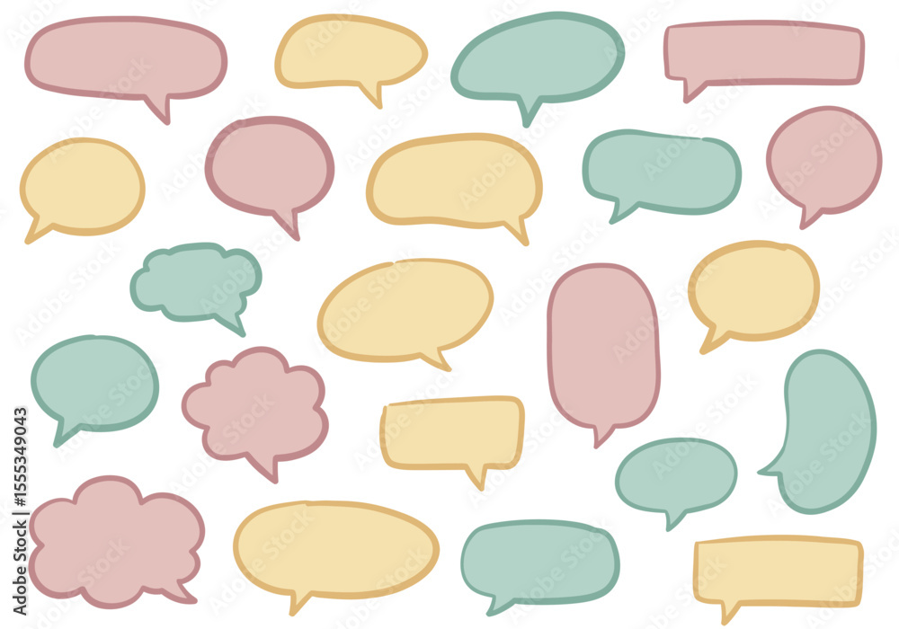 Poster an array of 21 handdrawn pastelcolored speech bubbles with various shapes on a white background