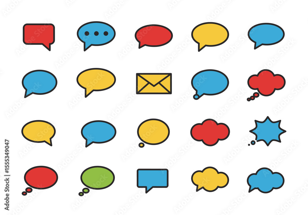 Poster an array of communication icons including speech bubbles clouds email icon and a speech burst icon
