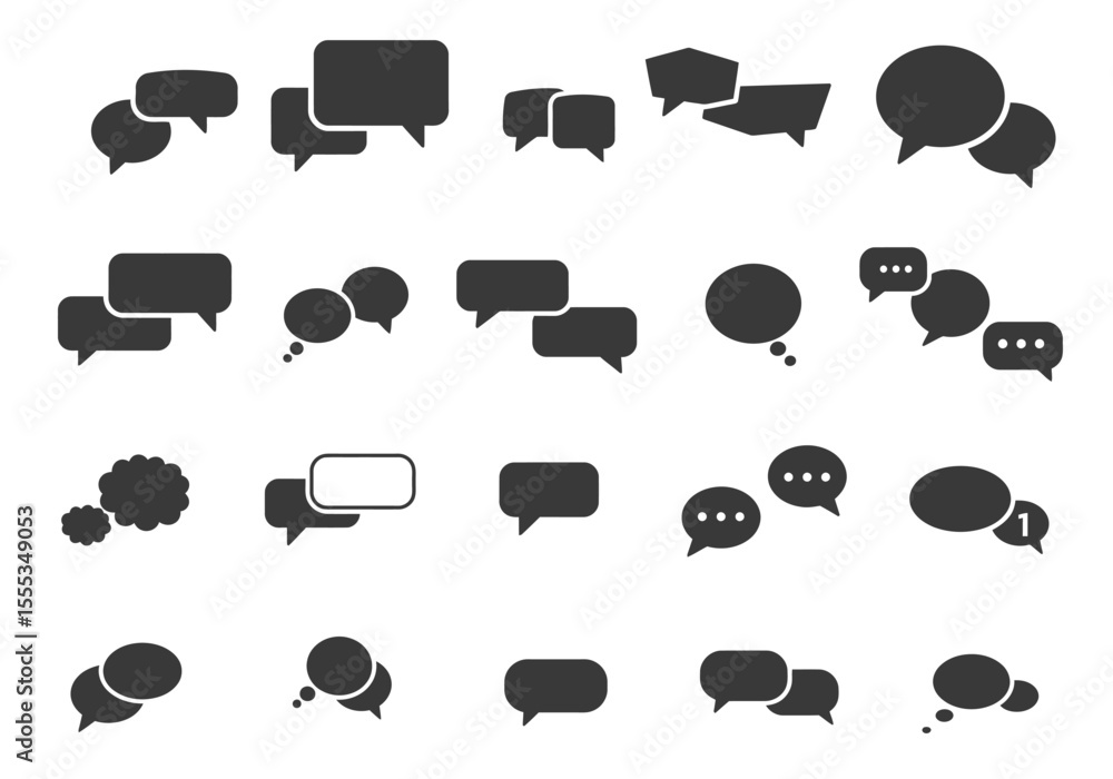 Poster an arrangement of 20 distinct communication bubbles each with a unique design and style