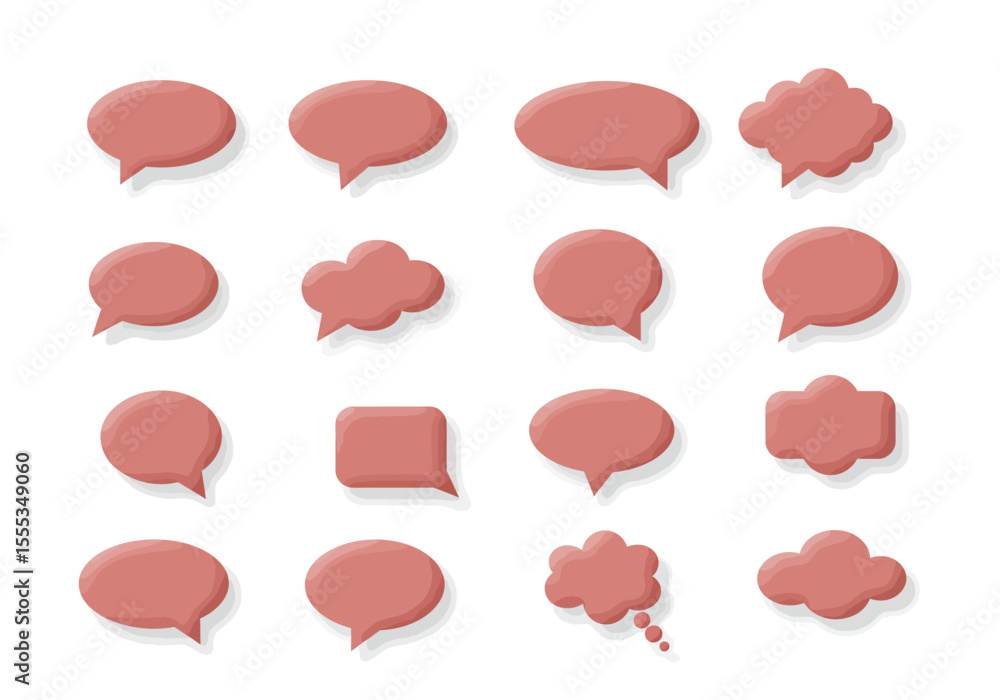 Poster an array of sixteen 3d speech bubble icons in a muted coral color arranged in a grid
