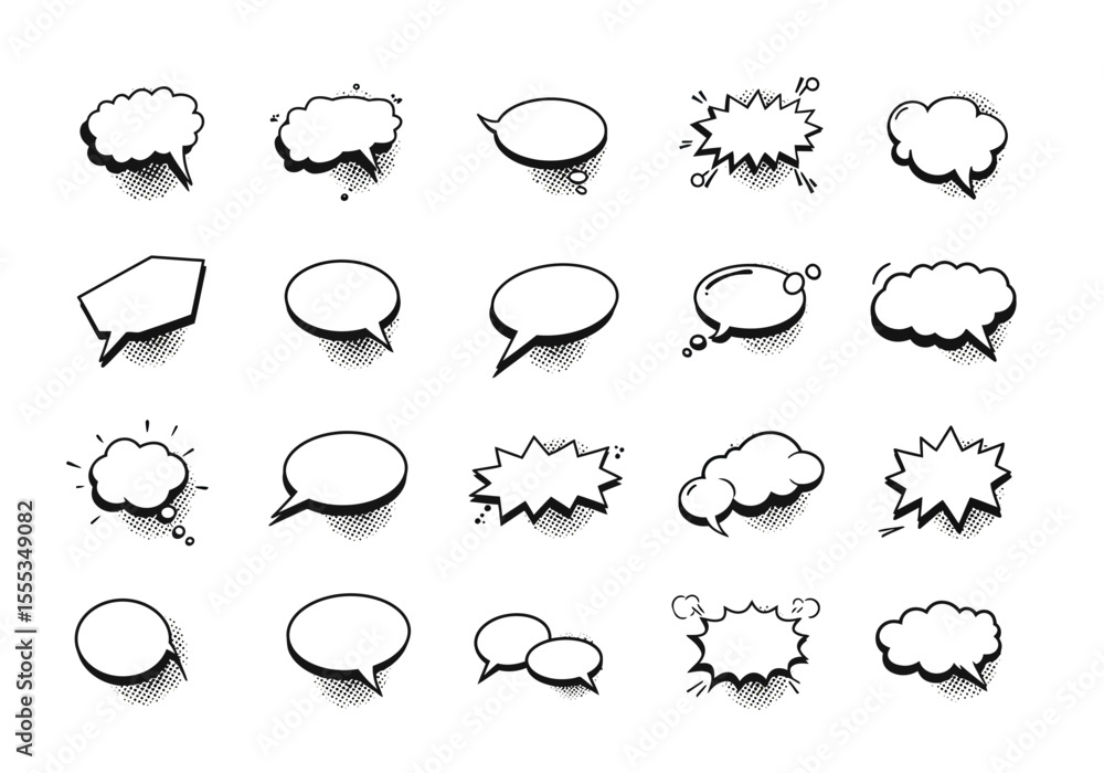 Poster array of 20 halftone comicstyle speech and thought bubbles various shapes on white background