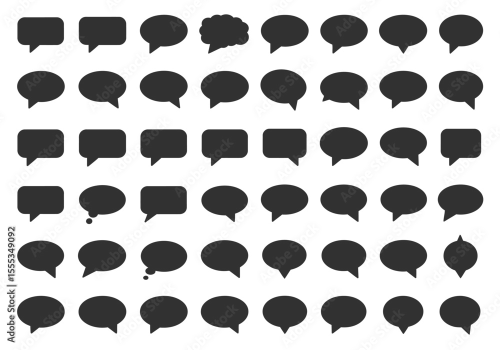 Poster array of 49 stylized speech bubbles in varied shapes arranged in a grid solid dark fill against a li