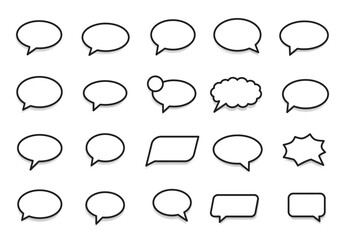 An array of twenty speech bubbles of varying shapes and sizes arranged in rows and columns on a white background