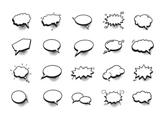 Array of 20 halftone comicstyle speech and thought bubbles various shapes on white background