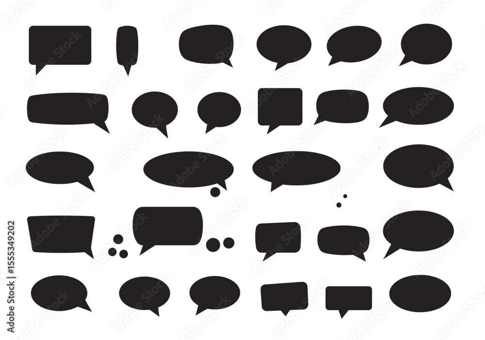 Poster collection of solid black speech bubbles in different shapes and sizes spread across a white backgro