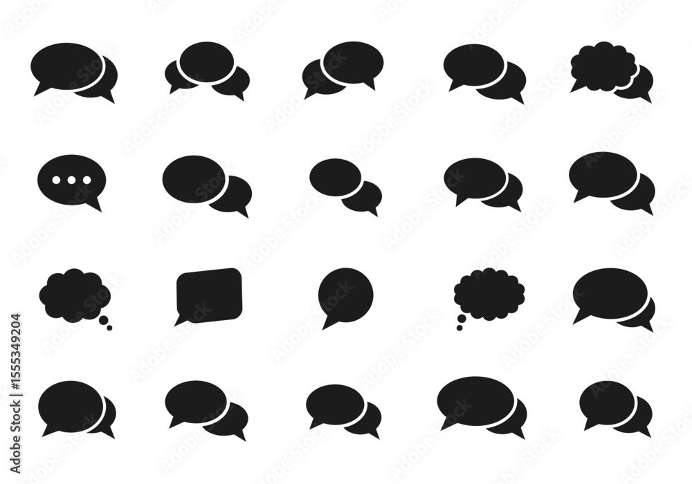 Poster collection of twenty black speech bubbles in various shapes and configurations