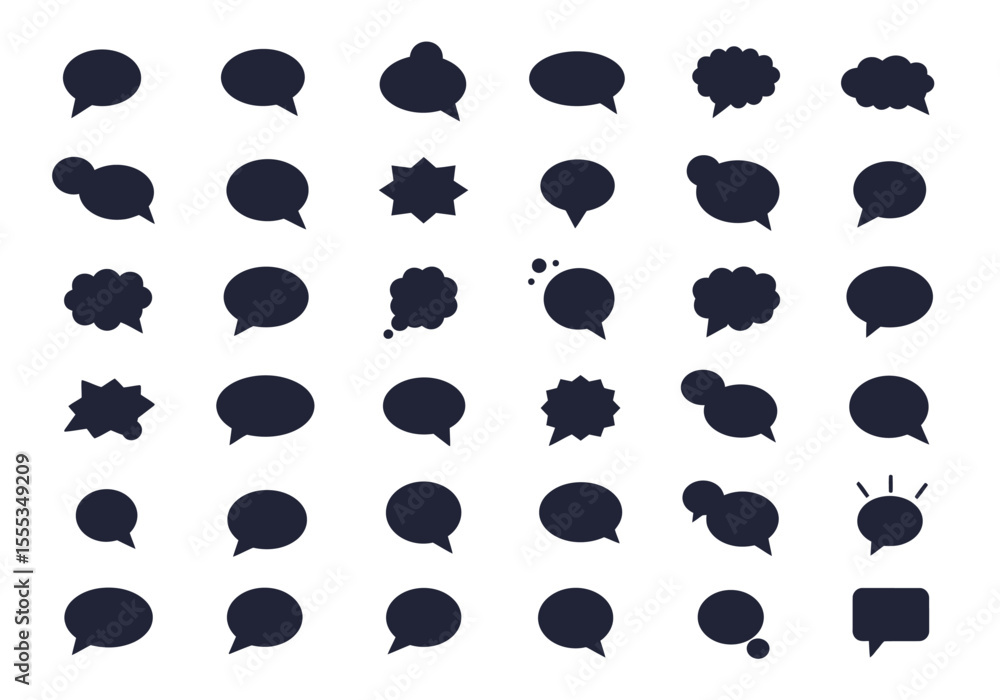 Poster collection of 35 dark blue speech bubble silhouettes in various shapes arranged in rows and columns