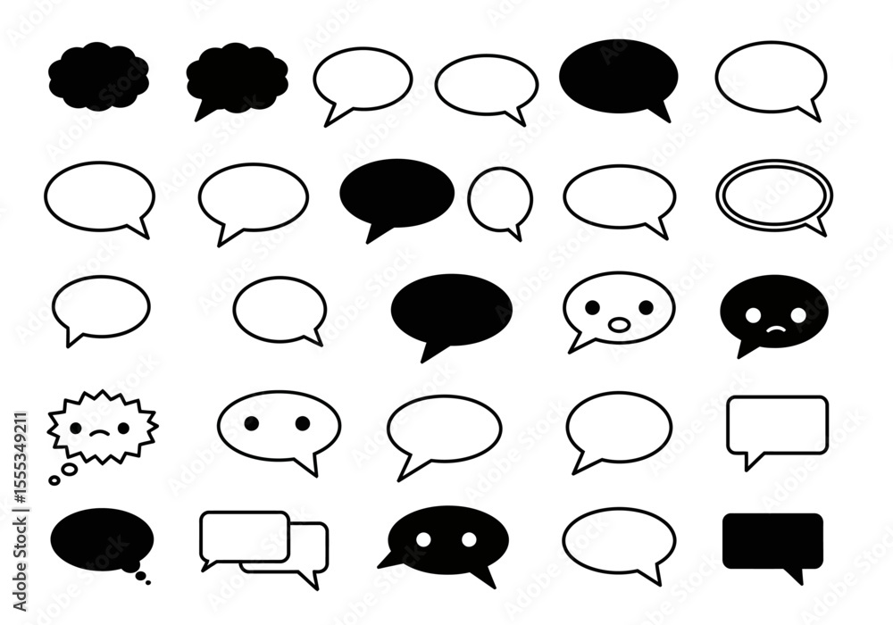 Poster collection of various chat bubble icons in black and white arranged in rows and columns