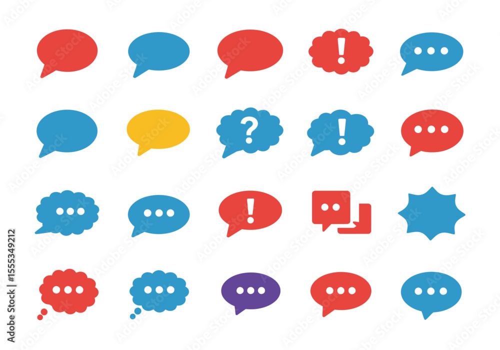 Poster collection of twenty colorful speech bubbles in different shapes and with different symbols