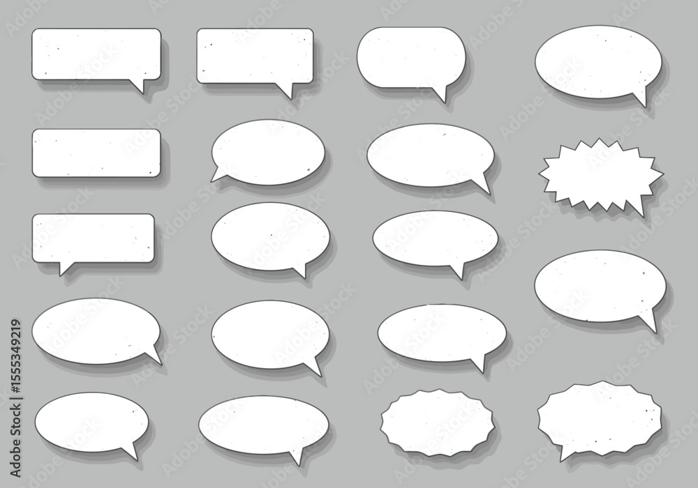Poster collection of various white textured speech bubbles with shadow effects on a gray backdrop