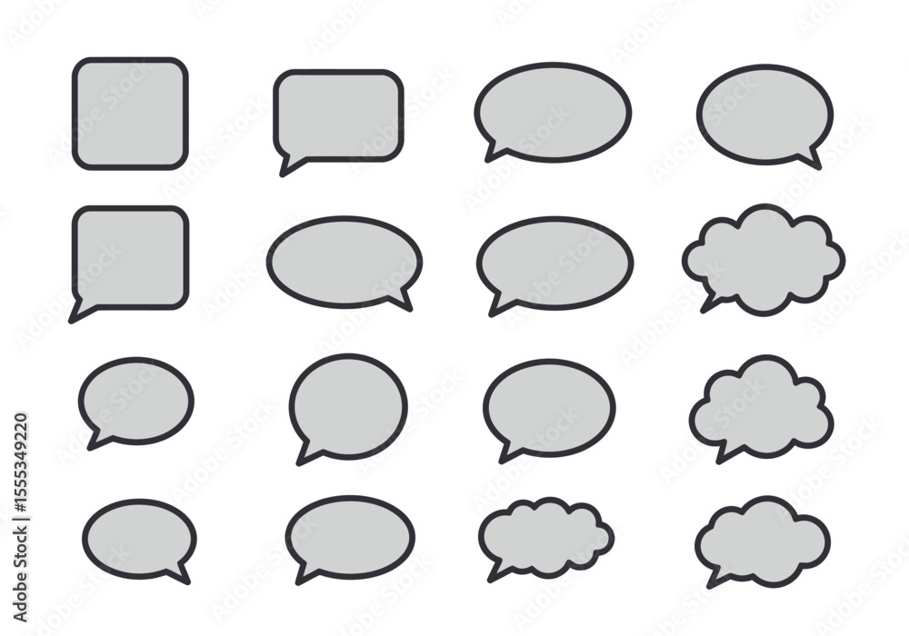 Fototapete Collection of various gray chat bubble icons with black outlines arranged in a rectangular grid pattern