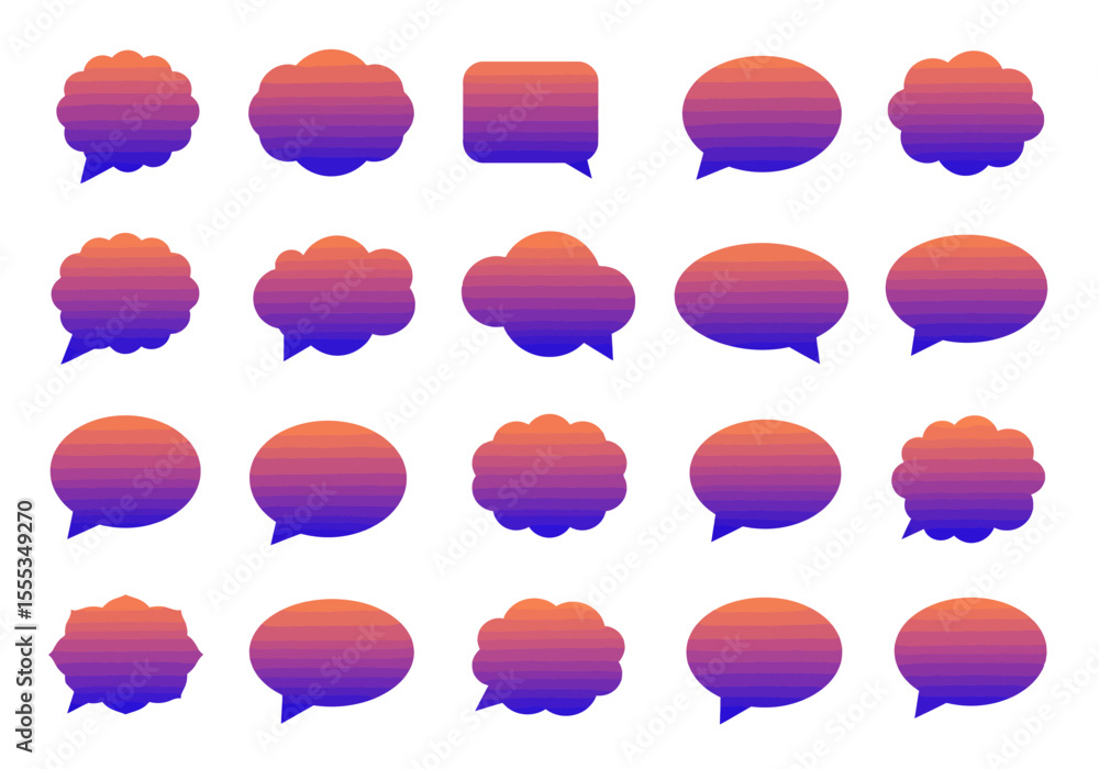 Poster gradient orangetoblue chat bubbles in various shapes are arranged in rows on a white background
