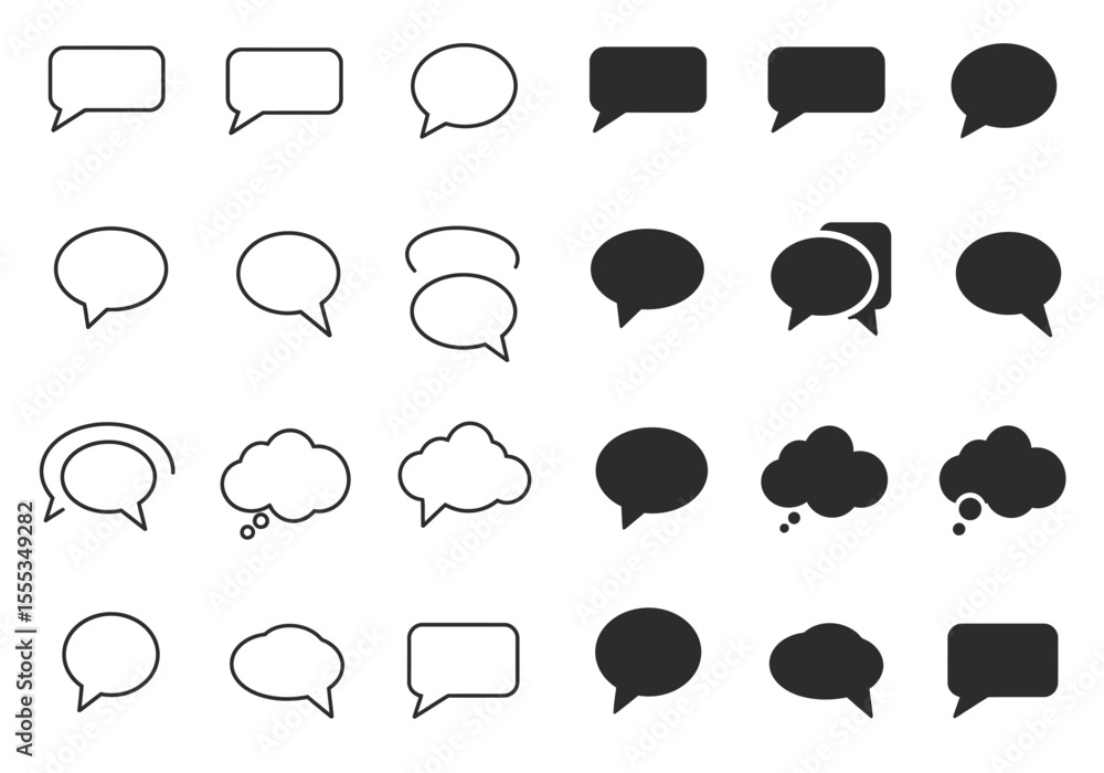 Poster graphic features 24 speech bubble icons in outline and solid variations arranged neatly in a grid fo