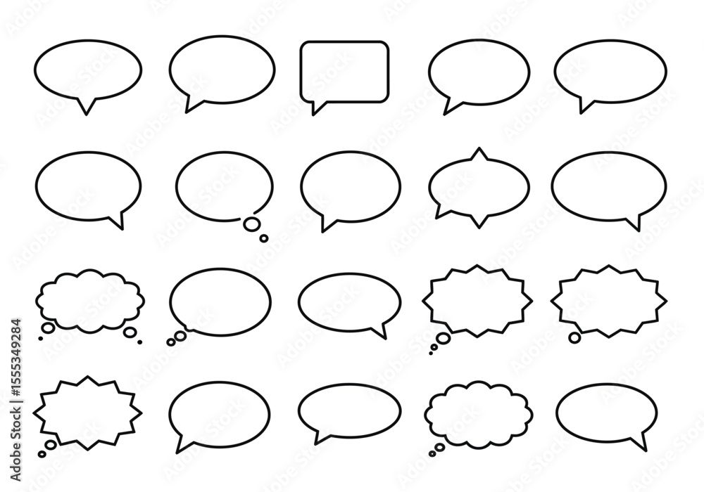 Poster group of speech bubble icons with diverse shapes neatly arranged in a grid format on a white backgro