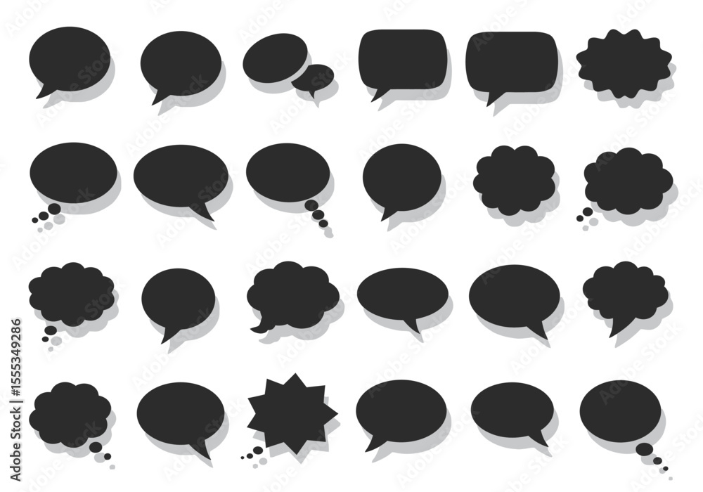 Poster graphic with 24 darkgray dialogue cloudsspeech bubbles of different shapes and sizes arranged in 4 r