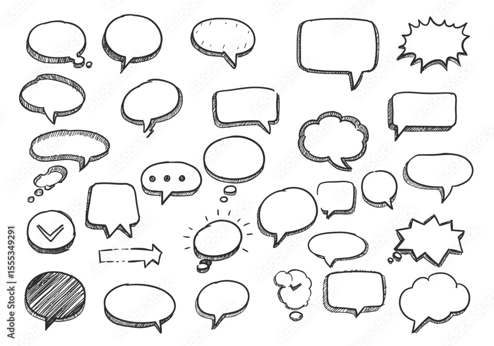 Aufkleber handdrawn speech bubbles in various shapes and styles arranged on a white background