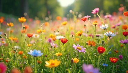 Fototapeta premium Vibrant flowered meadow. Multicolored wildflowers blooming in sun. Rich green grass, natural landscape, countryside scenery, colorful flora. Nature background, perfect for spring, summer design.