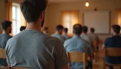 Group therapy session in progress. People at anonymous club, attending support group, counseling session, discussion. Individuals gather, seeking help, mental health care, and addiction recovery.