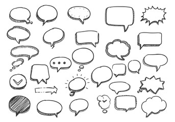 Handdrawn speech bubbles in various shapes and styles arranged on a white background