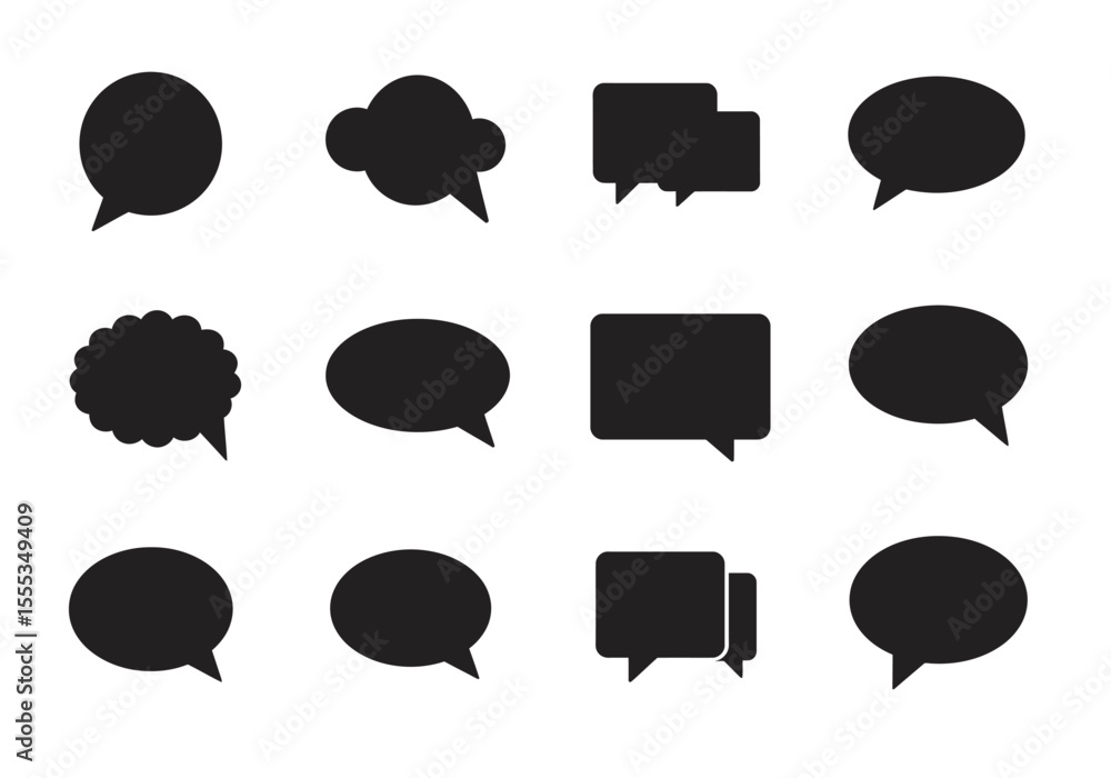 Aufkleber twelve black speech bubbles arranged in rows of four each with a different shape and design