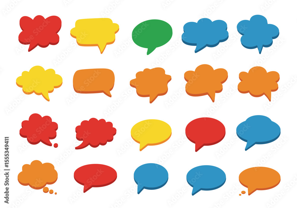 Poster twenty colorful speech bubbles in various shapes arranged on a white background evoking a sense of c