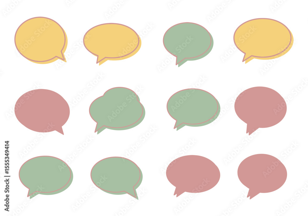 Poster twelve colorful speech bubbles in three colors with a fuzzy outline arranged in a grid