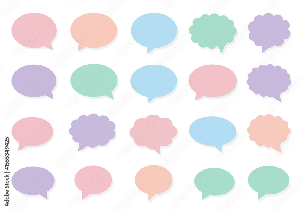 Poster twenty pastel speech bubbles in five colors and two shapes arranged in five rows on a white backgrou