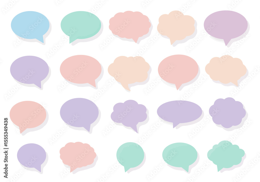 Aufkleber twenty pastel speech bubbles of different shapes and colors arranged in rows on a white background