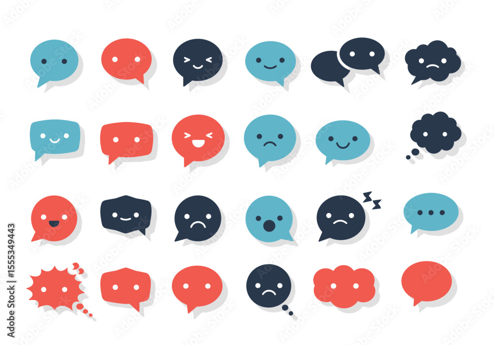 Poster twentyfour speech bubbles in blue red and navy with varied shapes and expressions on a white backdro