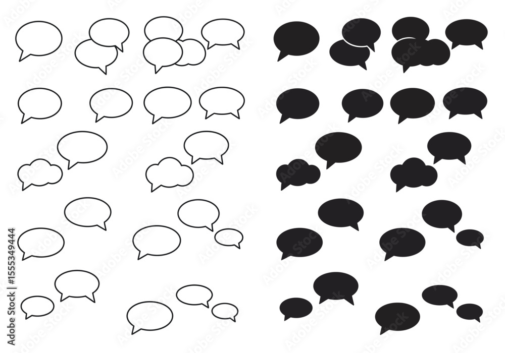 Poster two sets of speech bubbles with outlines and black fills in a grid pattern on a white background
