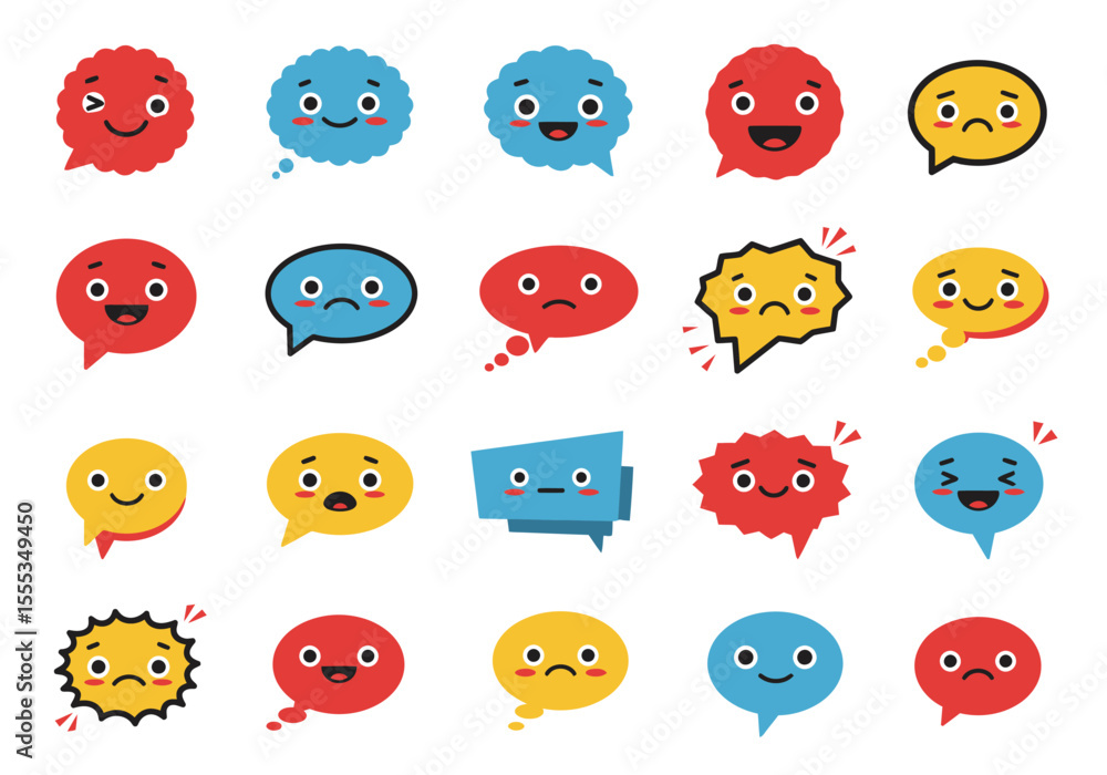 Poster varied array of colorful speech bubbles each with a distinct facial expression