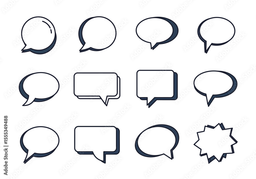 Poster white chat bubbles with dark shadows in various shapes arranged on a white background