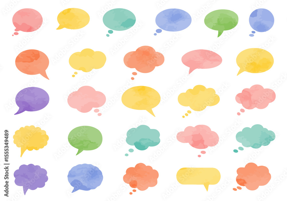 Aufkleber watercolortextured speech bubbles in various shapes and colors are arranged in rows on a white backg