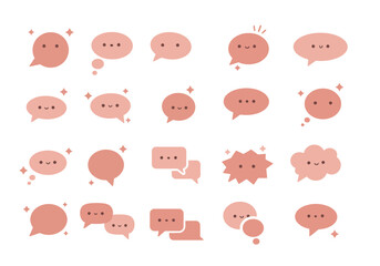 Twenty kawaii speech bubbles in peachy hues some adorned with stars or faces arranged on a white background